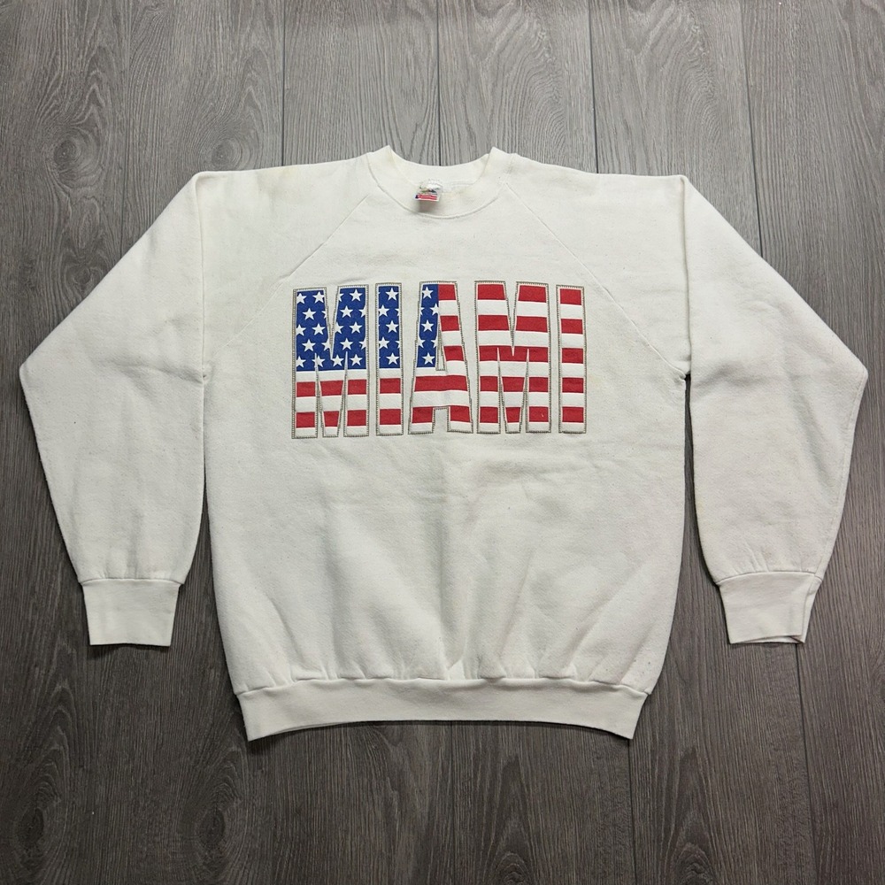 Vintage Miami American Flag Sweatshirt White Mens Medium Fruit of the Loom